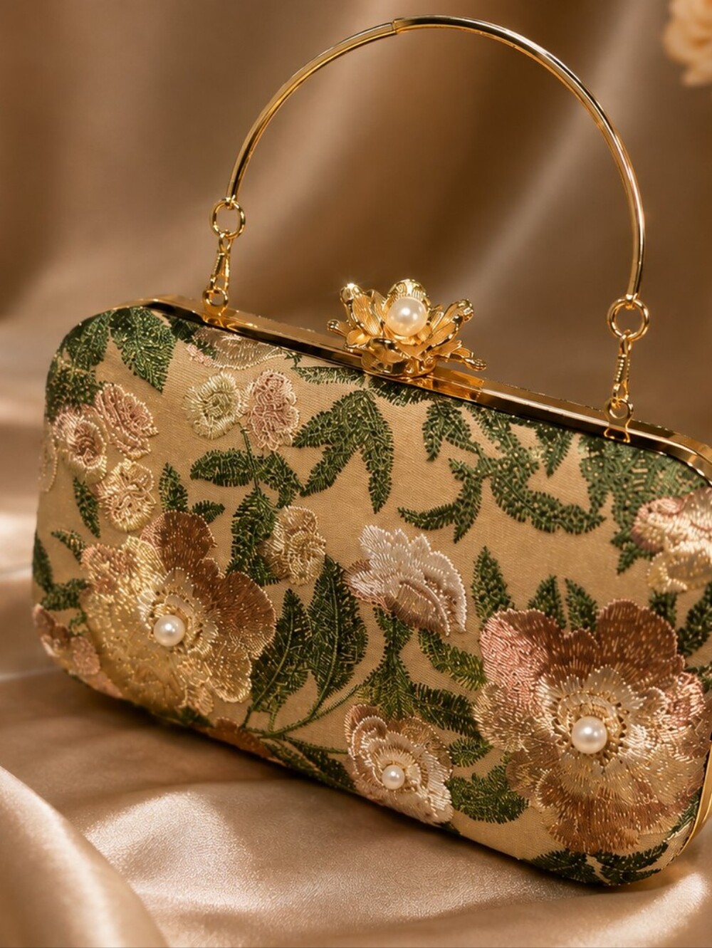 Elegant Floral Embroidered Evening Clutch - Gold and Green - Picture 5 of 5